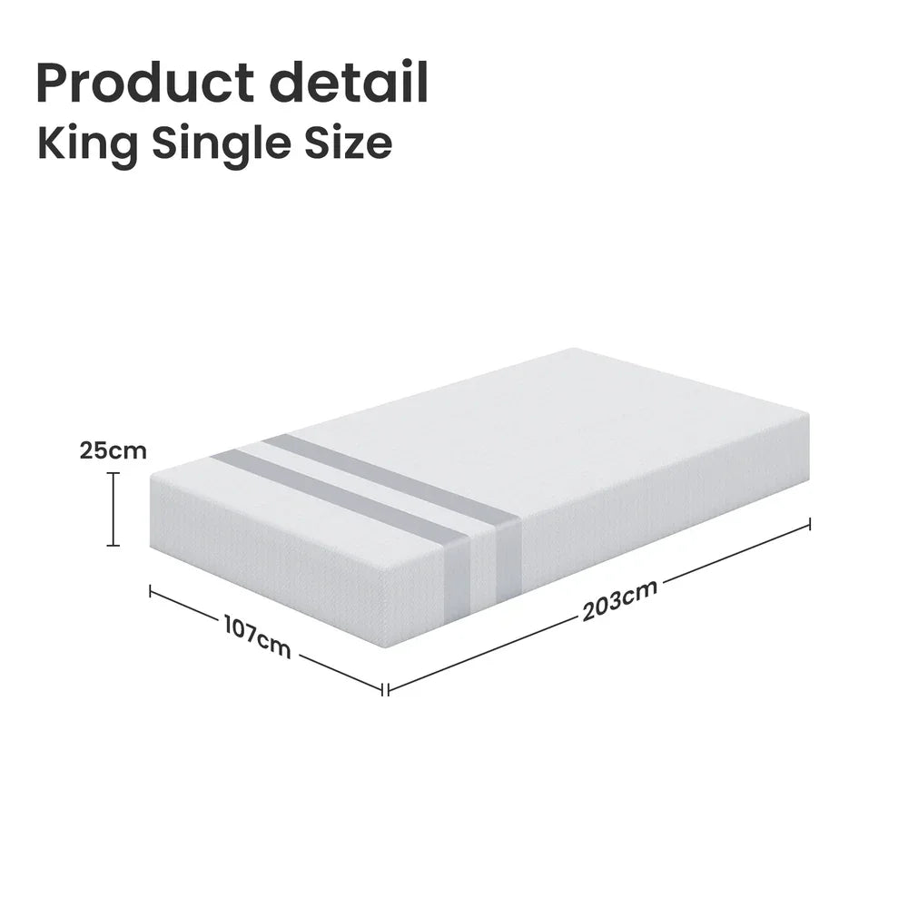 King single size mattress in white with grey stripes, dimensions 25cm x 107cm x 203cm shown