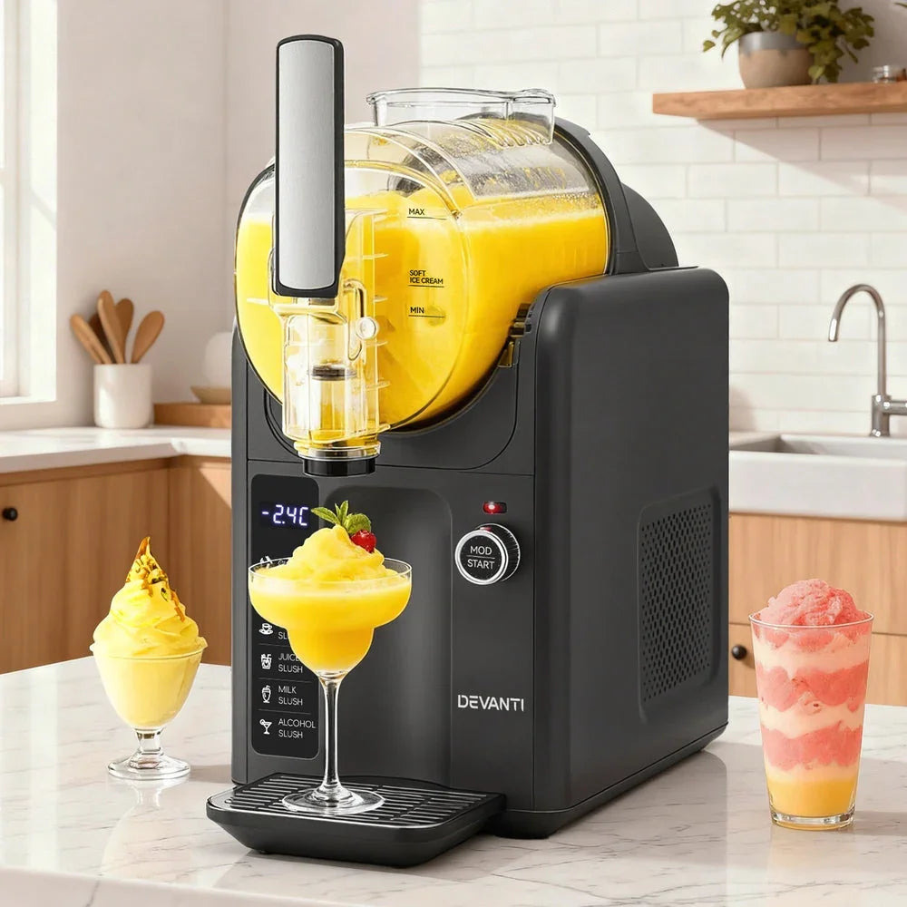 Devanti black slush machine dispensing yellow slush in a glass, with two other colorful slush drinks on a kitchen countertop