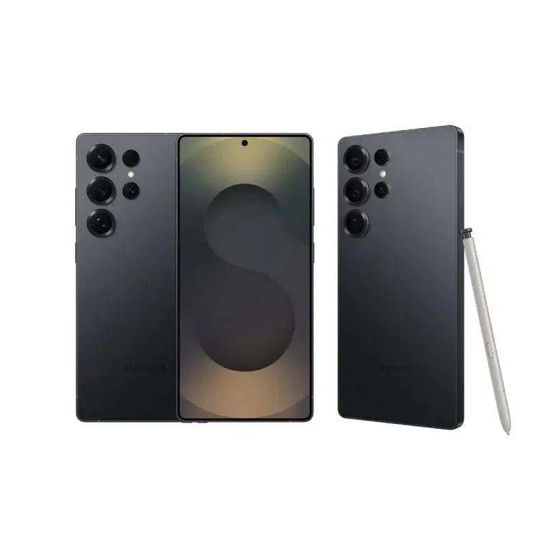 Samsung Galaxy S23 Ultra 5G smartphone in titanium jet black with quad camera setup and stylus pen