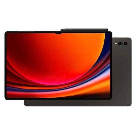 Dark gray tablet with dual rear cameras and a stylus on top, displaying a vibrant orange and red screen