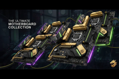 High-end black and gold PC motherboards with RGB lighting, labeled as The Ultimate Motherboard Collection