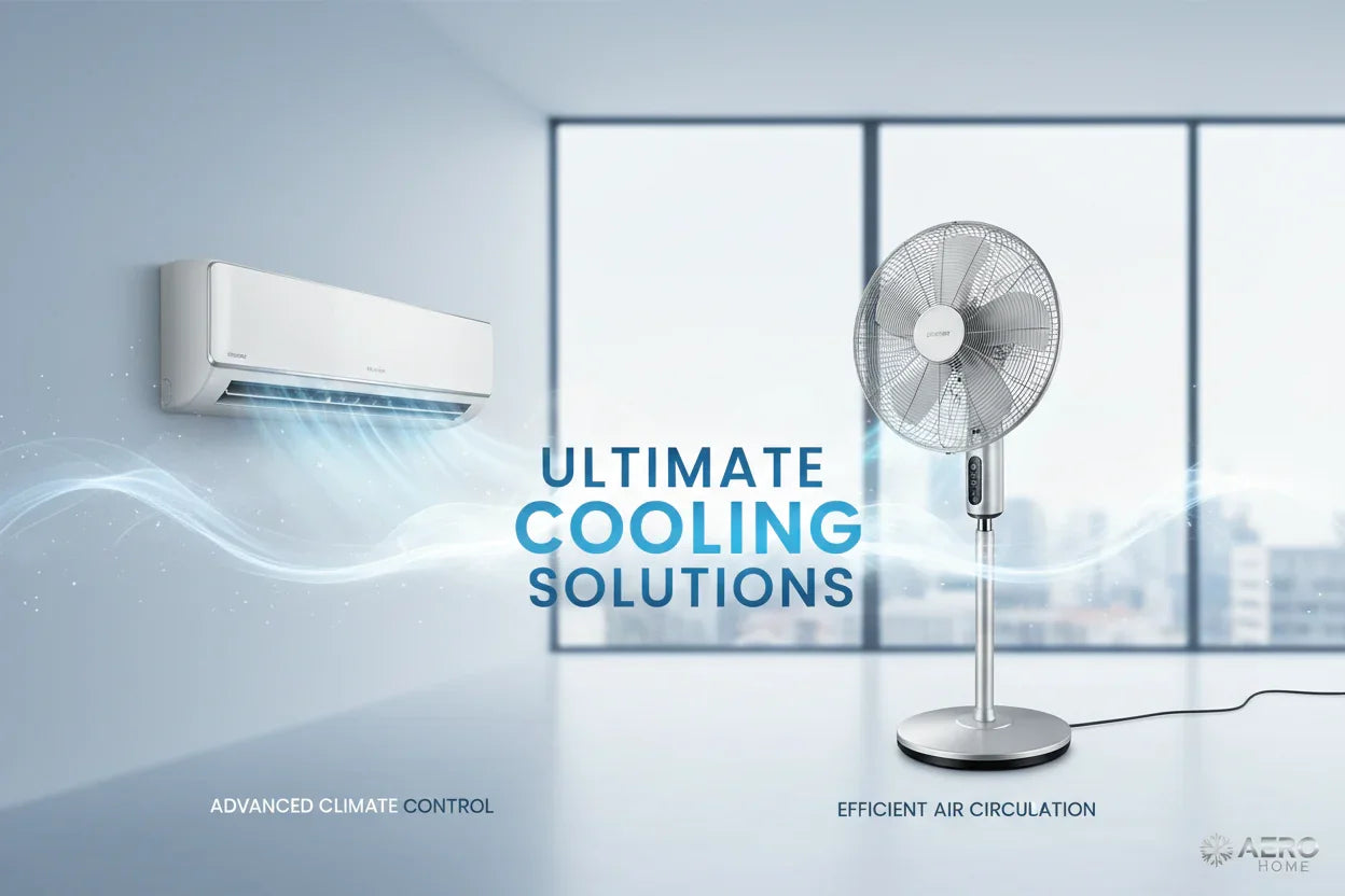 Modern room with wall-mounted air conditioner and standing fan illustrating ultimate cooling solutions