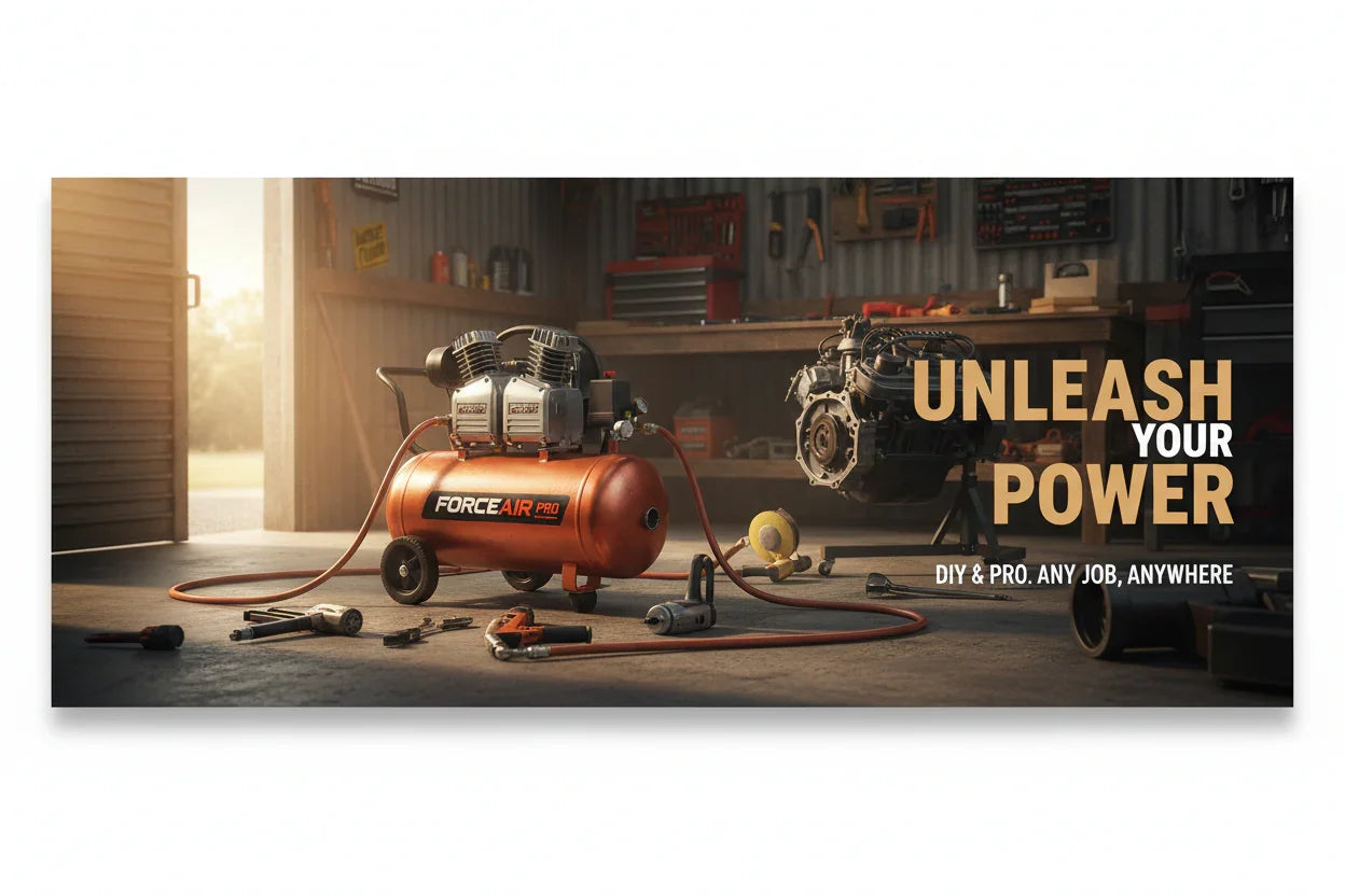 ForceAir Pro air compressor in workshop with tools and engine, DIY and professional power equipment