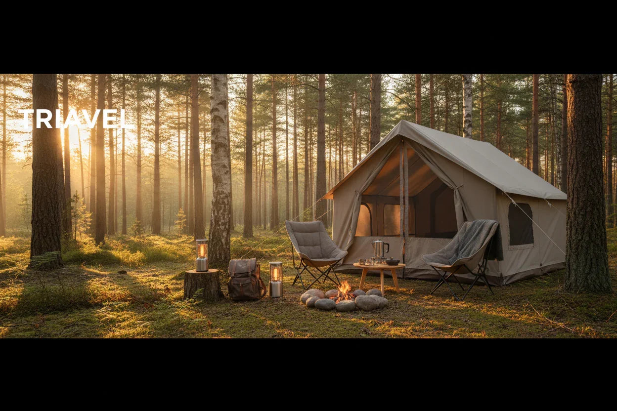 Cozy camping scene with beige tent, campfire, chairs, and lanterns in pine forest at sunrise