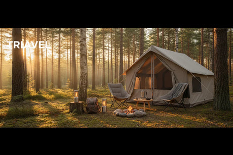 Cozy camping scene with beige tent, campfire, chairs, and lanterns in pine forest at sunrise