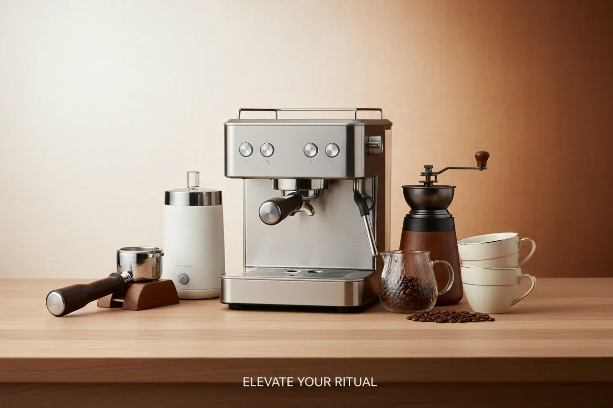 Stainless steel espresso machine with manual grinder, coffee cups, beans, and accessories on wooden table