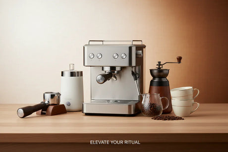 Stainless steel espresso machine with manual grinder, coffee cups, beans, and accessories on wooden table