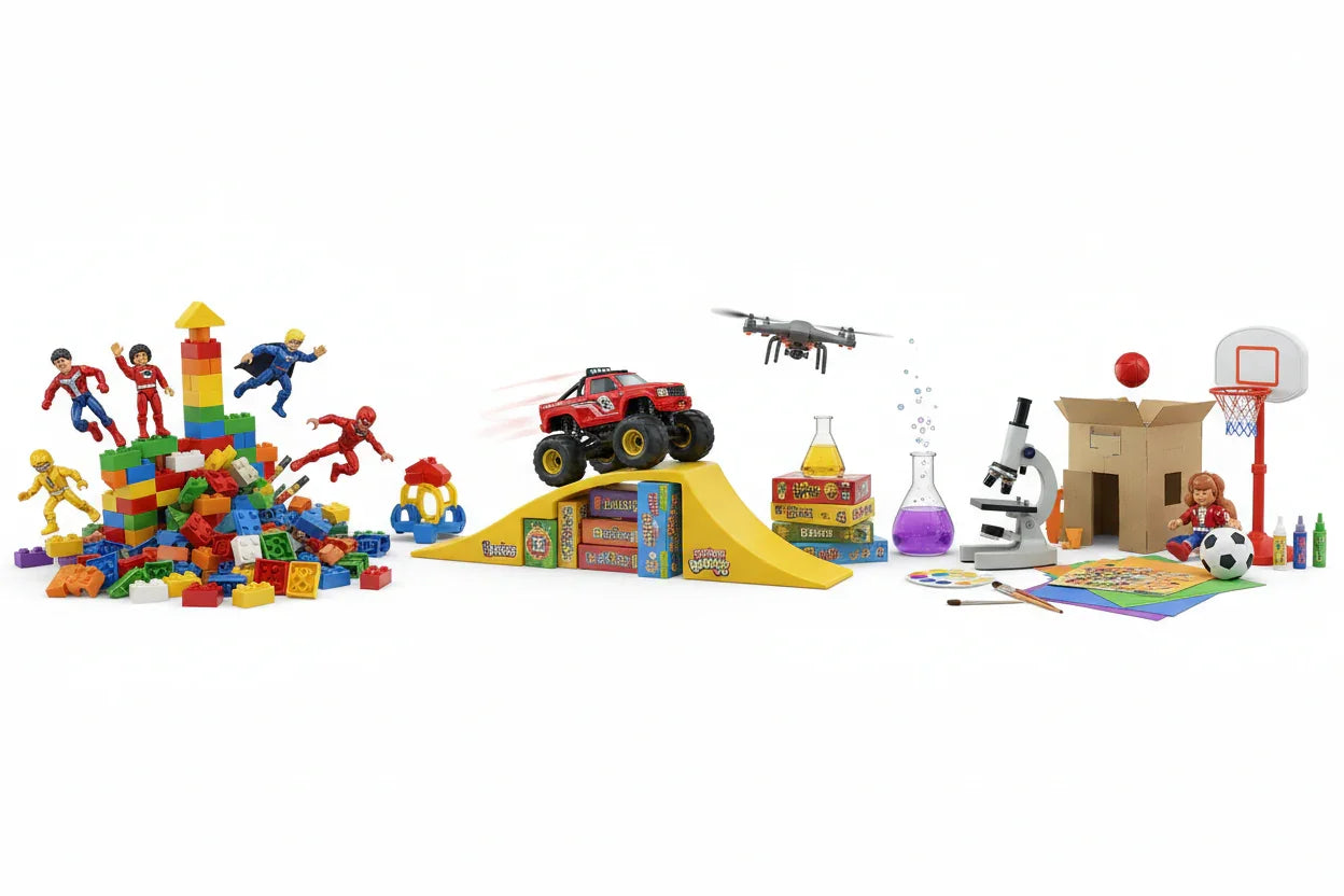 Colorful building blocks with superhero toys, red toy truck on ramp, science and art supplies, microscope, and sports toys