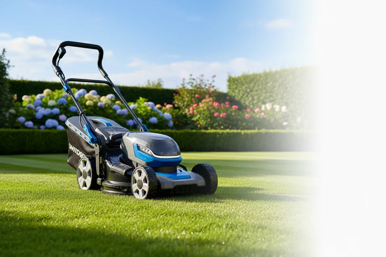 Blue and black electric lawn mower on green grass with colorful flowers and hedges in background