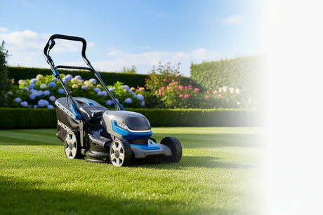 Blue and black electric lawn mower on green grass with colorful flowers and hedges in background