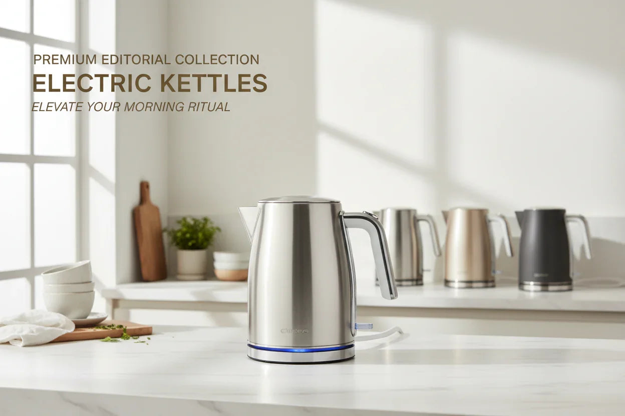 Modern stainless steel electric kettles in silver, gold, and black on white kitchen countertop