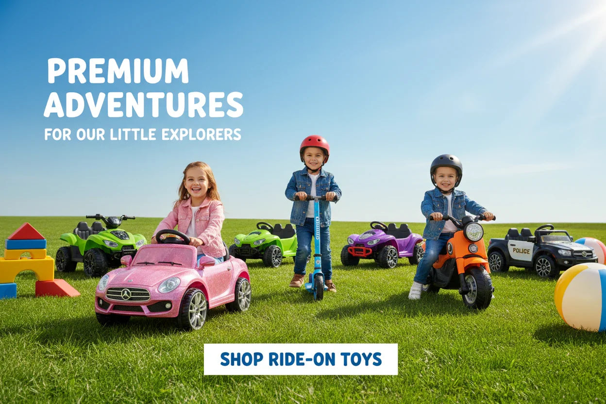 Kids playing outdoors with ride-on toys including cars, scooter, and motorcycle on grass