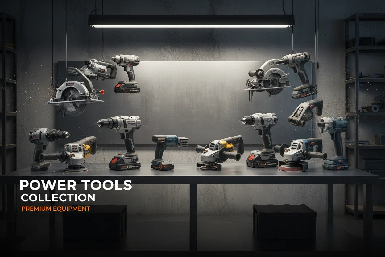 Premium power tools collection including drills, grinders, circular saws displayed on industrial table