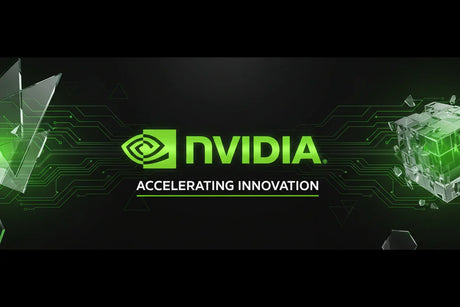 NVIDIA logo with green circuit lines and shattered glass cubes on black background, Accelerating Innovation