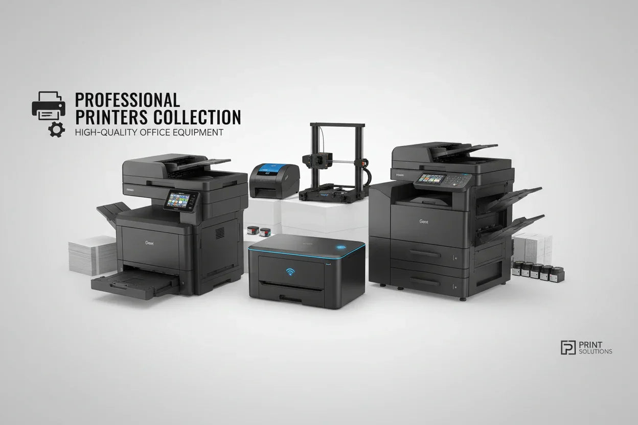 Variety of professional black office printers and a 3D printer on white stands with paper stacks