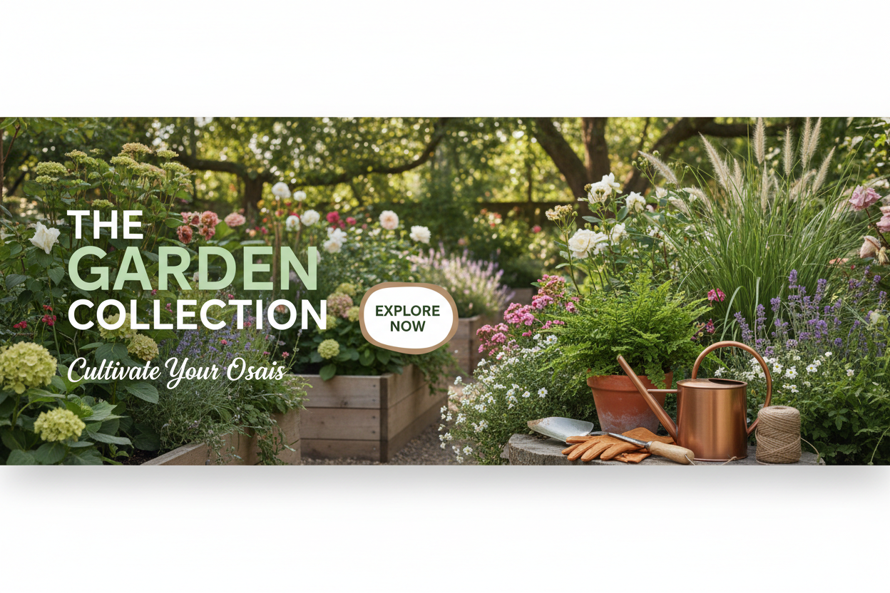 Lush garden with raised flower beds, colorful blooms, watering can, gloves, and gardening tools