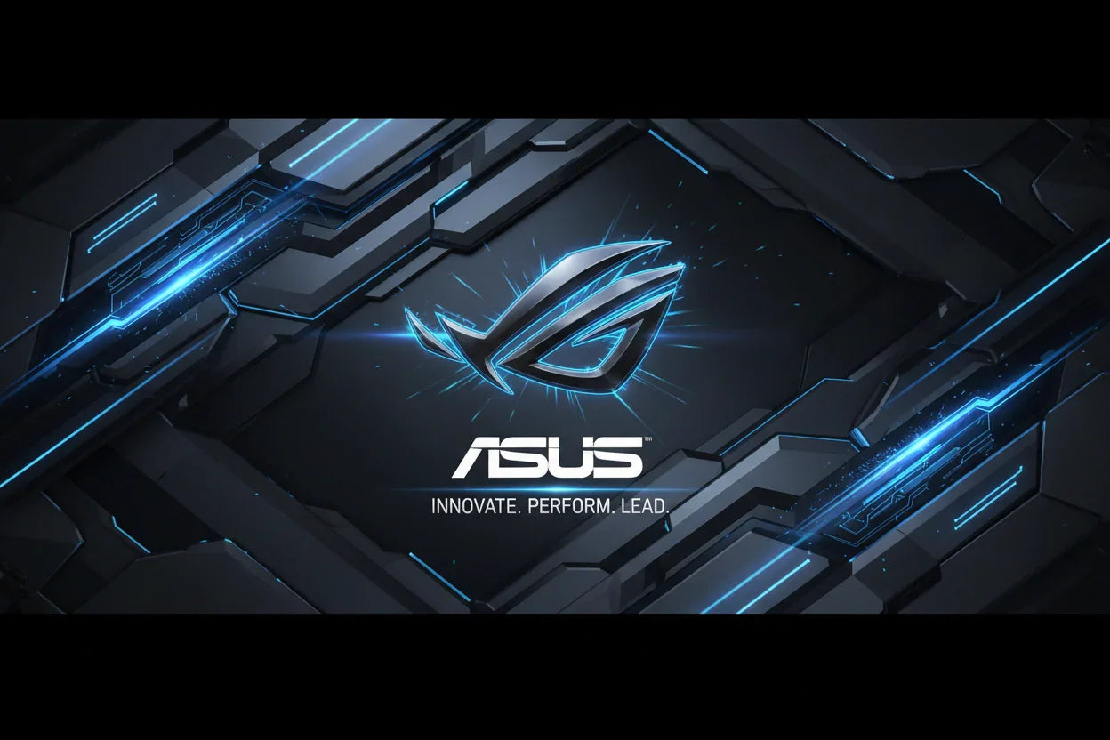 ASUS ROG logo with blue neon lighting on dark tech background and slogan Innovate Perform Lead