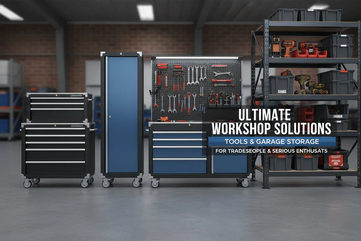 Organized workshop with black and blue tool storage cabinets, pegboard with hand tools, and shelving with power tools