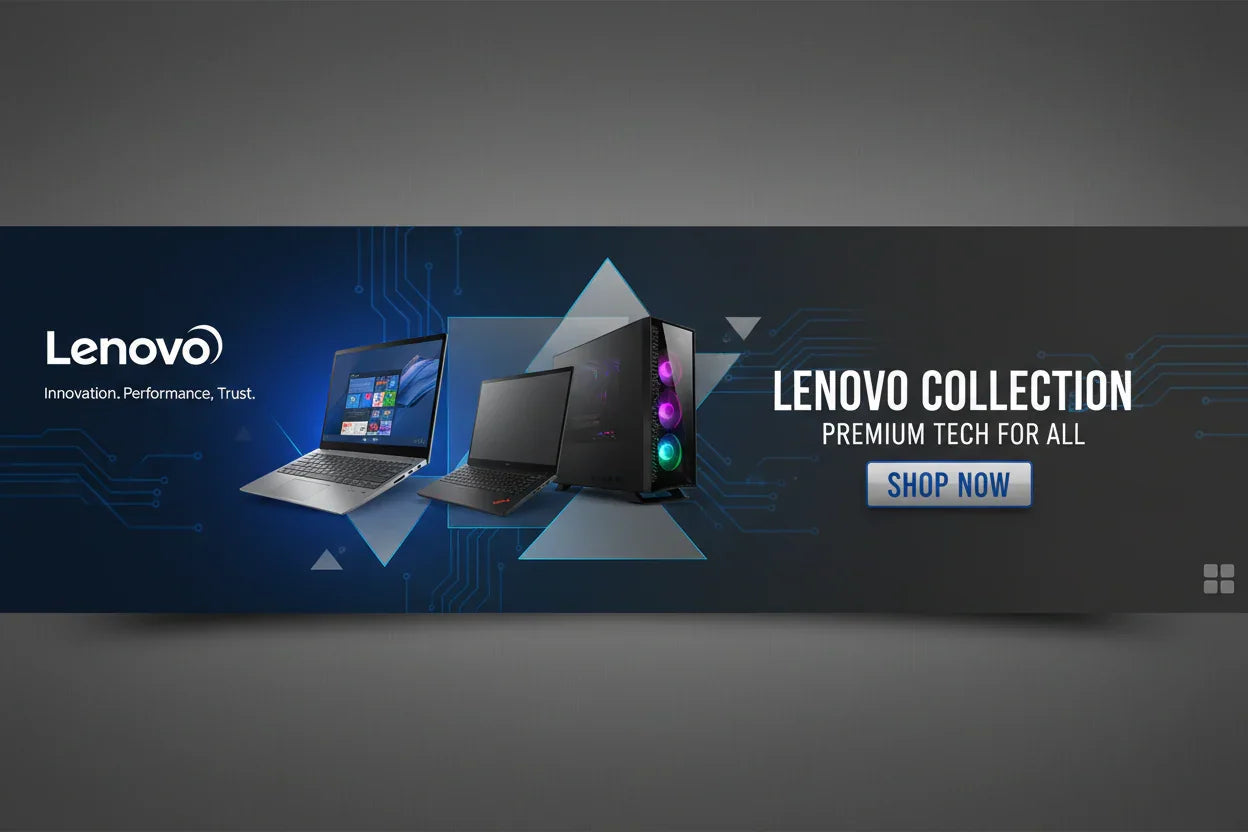 Lenovo Collection banner with laptops and gaming PC showcasing premium tech and innovation