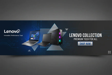 Lenovo Collection banner with laptops and gaming PC showcasing premium tech and innovation