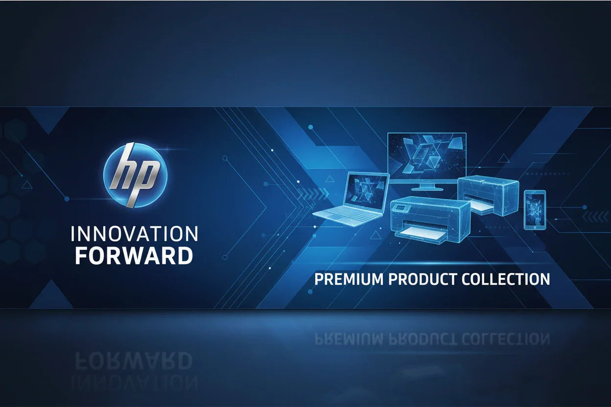 HP innovation forward banner with laptop, printer, monitor, and smartphone in digital blue design