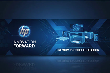 HP innovation forward banner with laptop, printer, monitor, and smartphone in digital blue design
