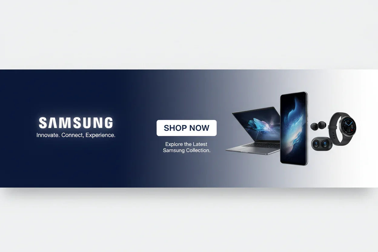 Samsung banner with laptop, smartphone, wireless earbuds, smartwatch and shop now button