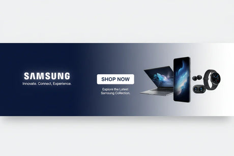 Samsung banner with laptop, smartphone, wireless earbuds, smartwatch and shop now button