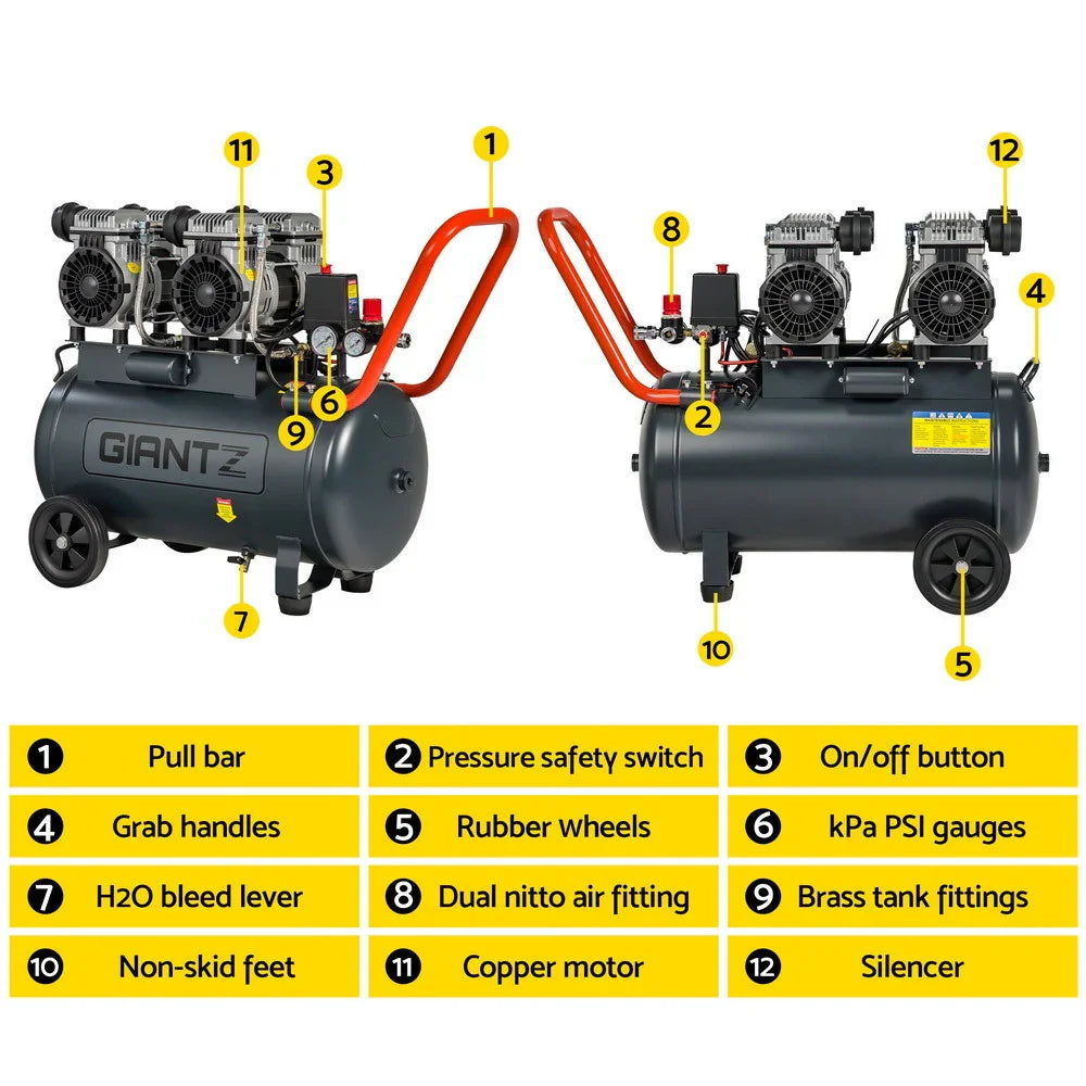 Giantz 50L Air Compressor Quiet 3.0HP Oil-Free 200L/Min Portable