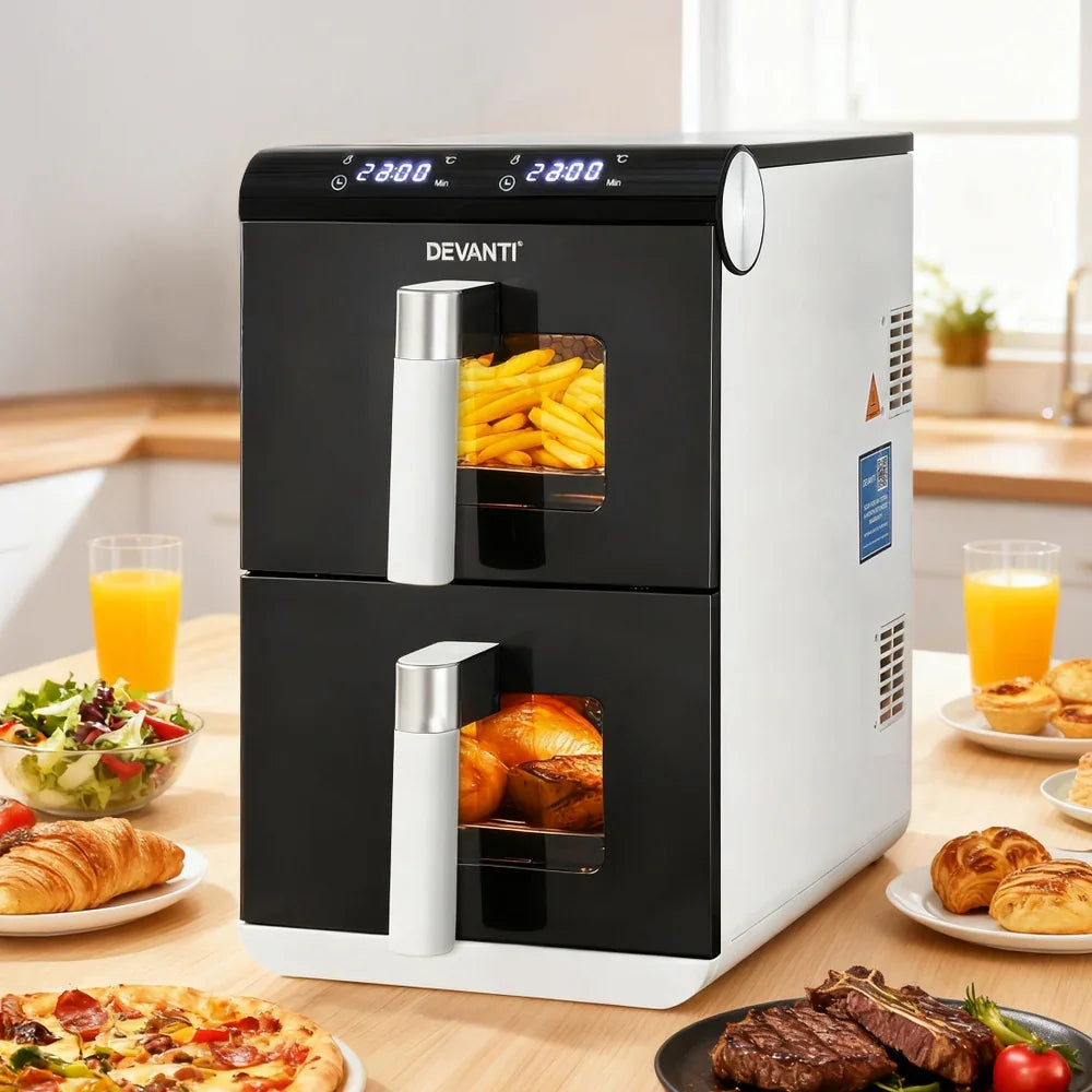 Devanti dual drawer air fryer in modern kitchen with fries and chicken inside, surrounded by breakfast foods