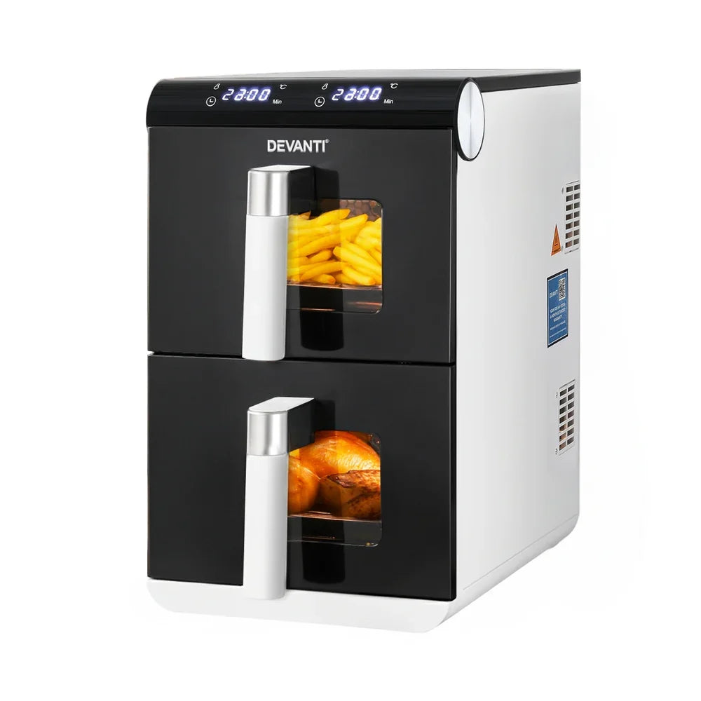Devanti dual drawer air fryer with digital display, fries and roasted chicken inside