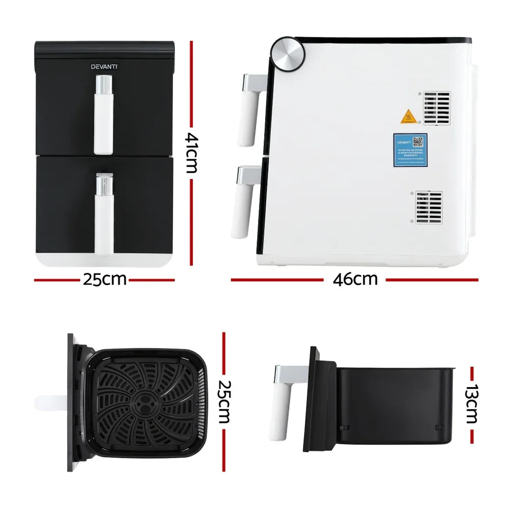 Devanti dual basket air fryer black and white with dimensions 41x25x46cm shown