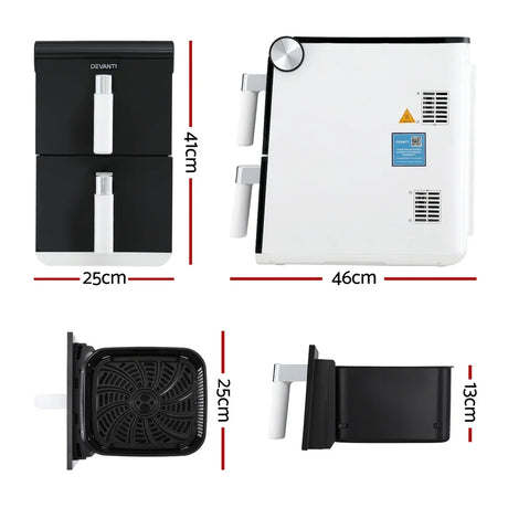 Devanti dual basket air fryer black and white with dimensions 41x25x46cm shown