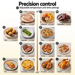 Air fryer food chart with temperature and time for defrost, cake, steak, shrimp, fries, and more