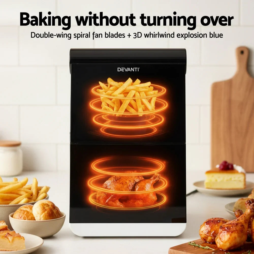 Devanti air fryer oven cooking fries and chicken, kitchen counter with food, baking without turning over