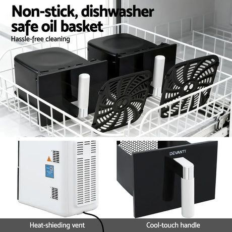 Non-stick dishwasher safe oil baskets with cool-touch handle and heat-shielding vent