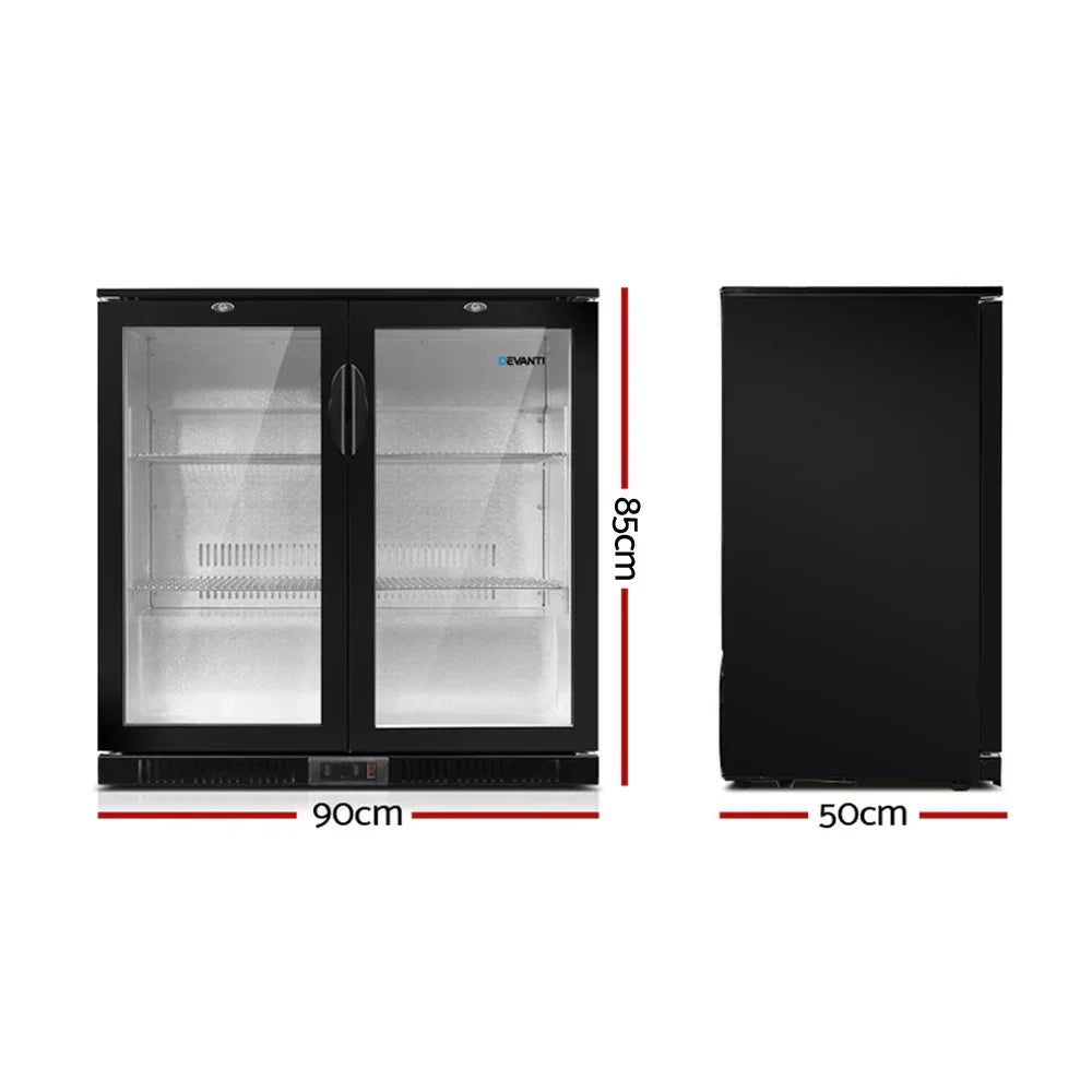 Devanti 198L Bar Fridge Dual Glass Door with LED Light - Black