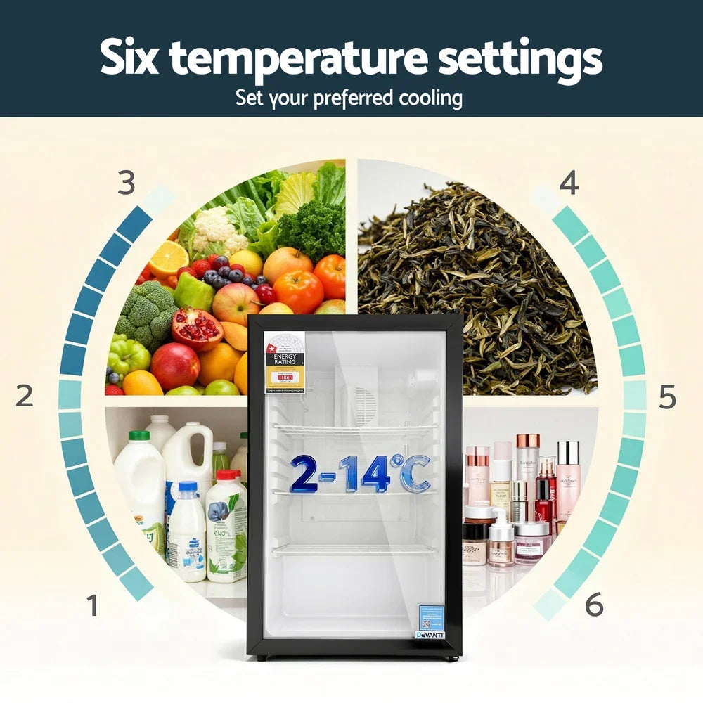 Devanti 105L Bar Fridge Glass Door - Black