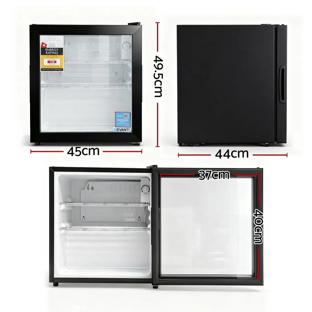 Devanti 40L Bar Fridge Glass Door - Black
