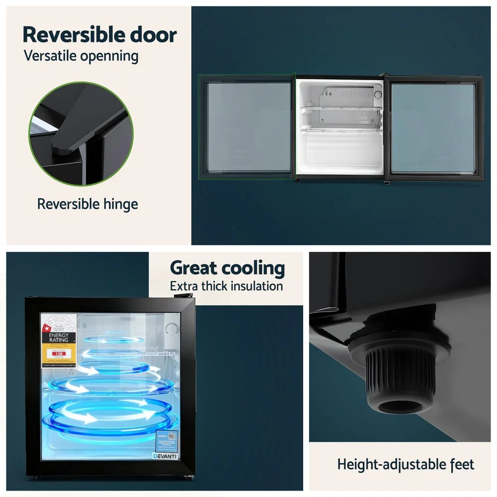 Devanti 40L Bar Fridge Glass Door - Black