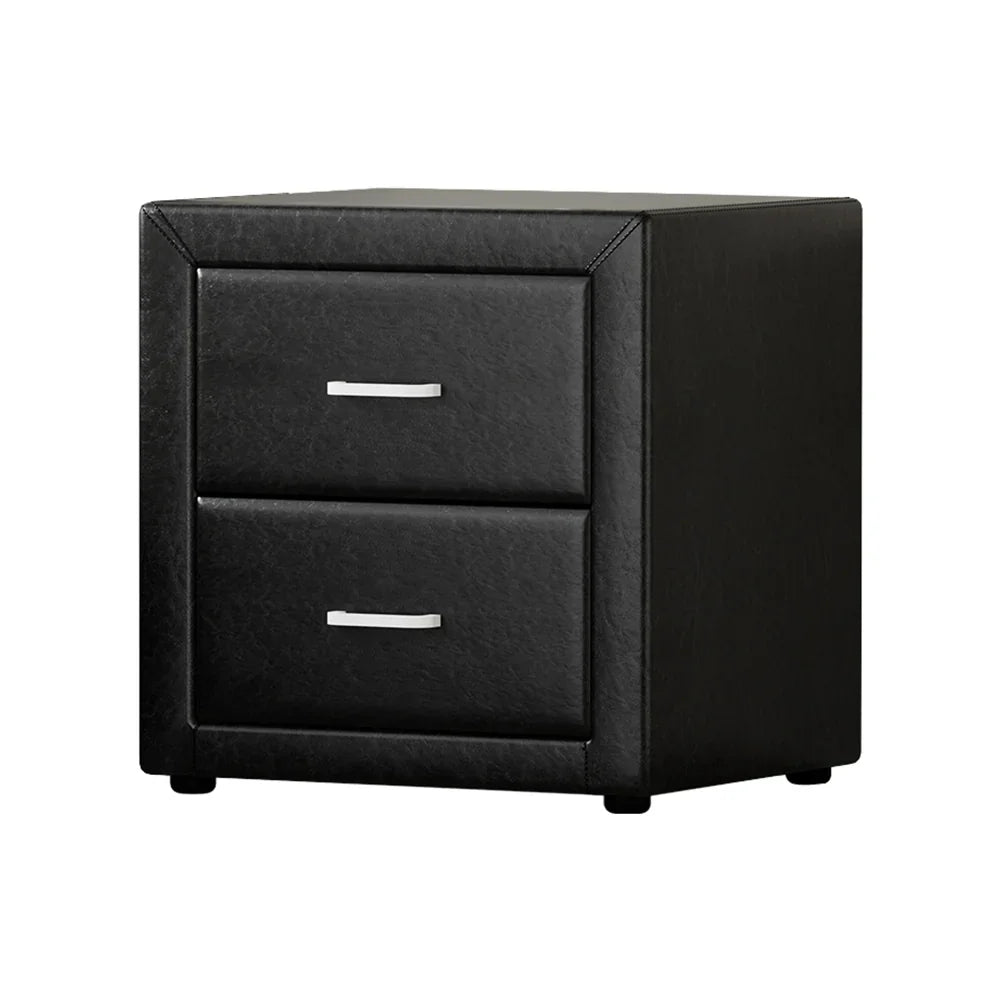 Modern black nightstand with two drawers and silver handles
