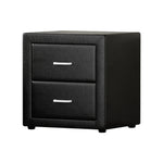 Modern black nightstand with two drawers and silver handles
