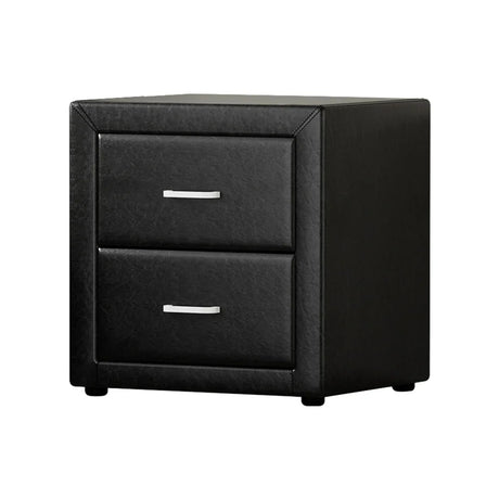 Modern black nightstand with two drawers and silver handles