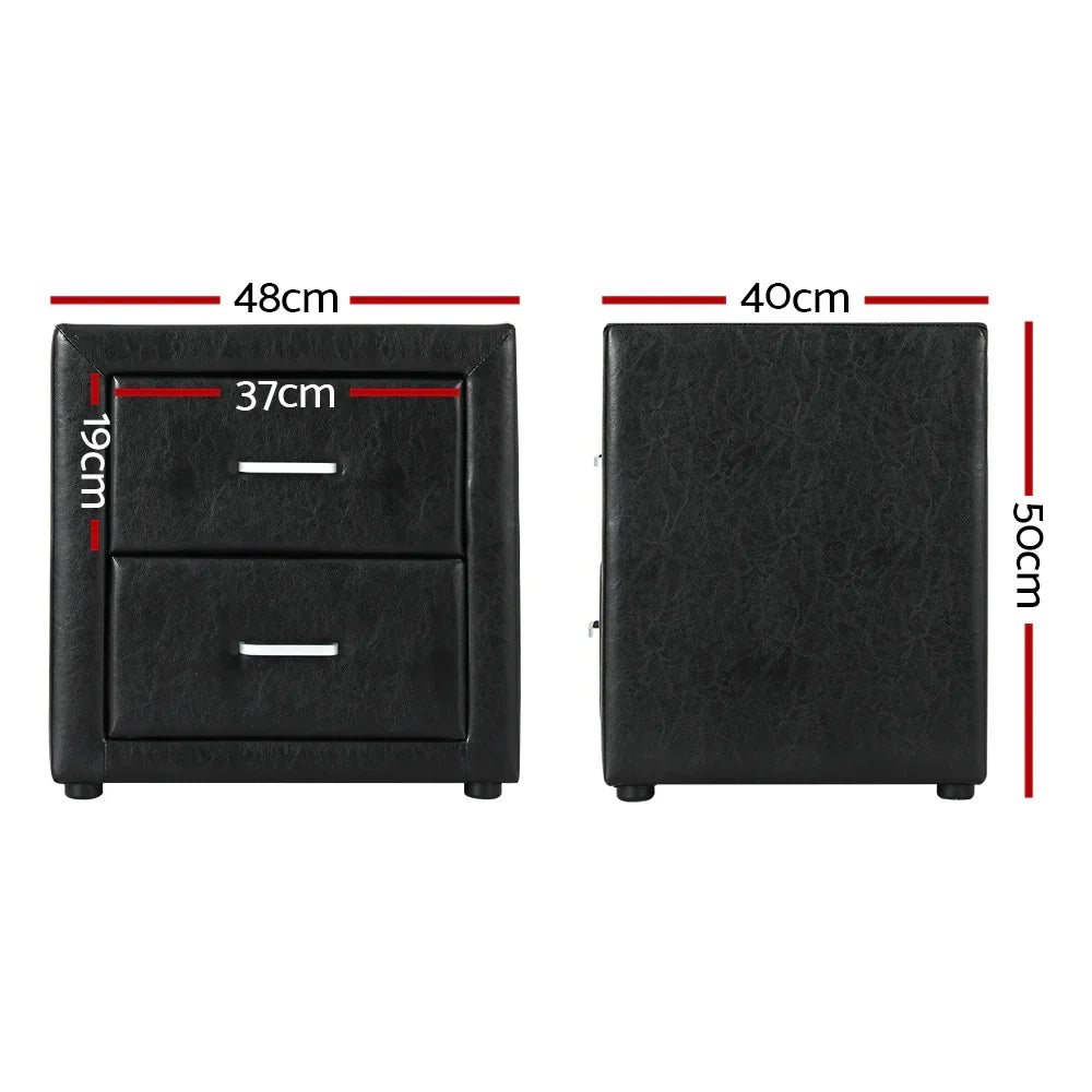 Black faux leather bedside table with two drawers, silver handles, and size dimensions shown