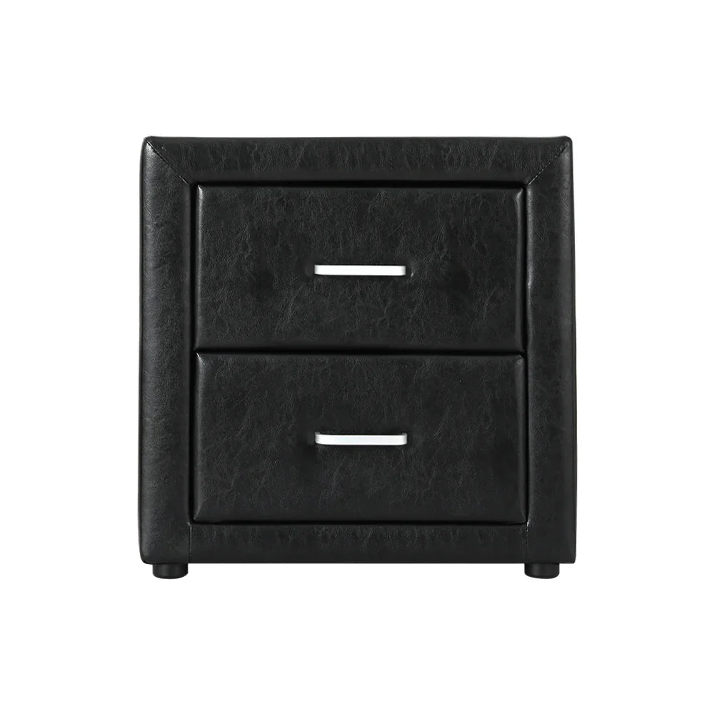Modern black leather nightstand with two drawers and silver handles