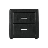 Modern black leather nightstand with two drawers and silver handles