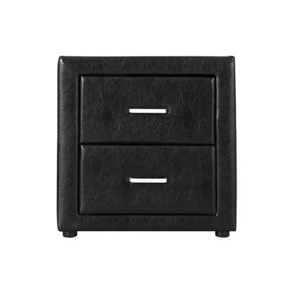 Modern black leather nightstand with two drawers and silver handles