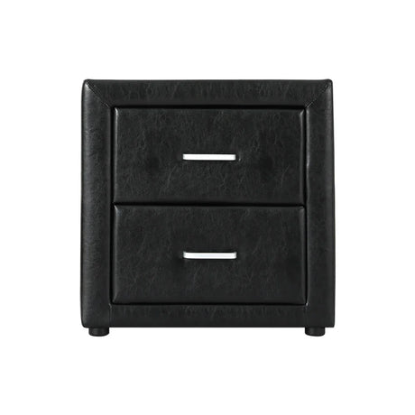 Modern black leather nightstand with two drawers and silver handles