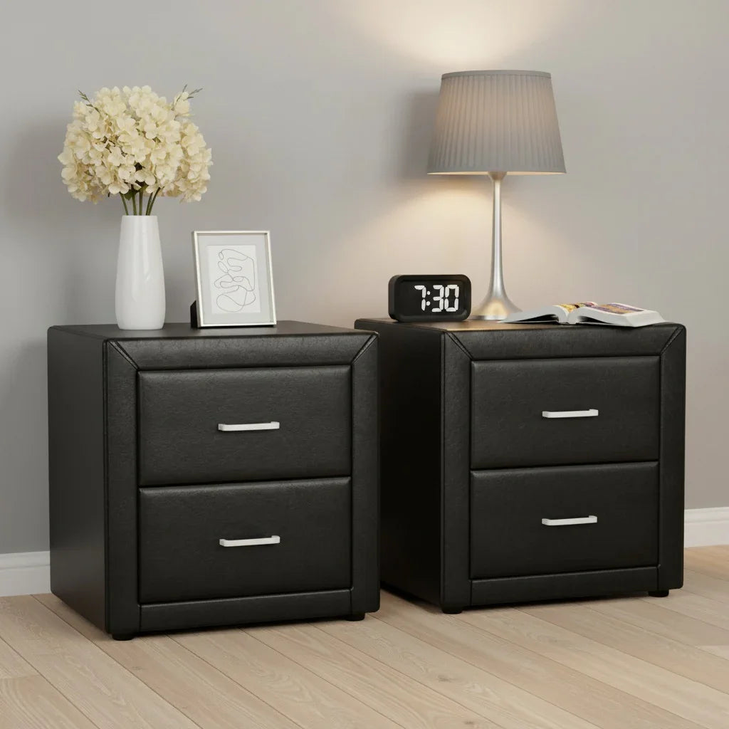 Pair of black faux leather nightstands with drawers, lamp, digital clock, vase, and decor