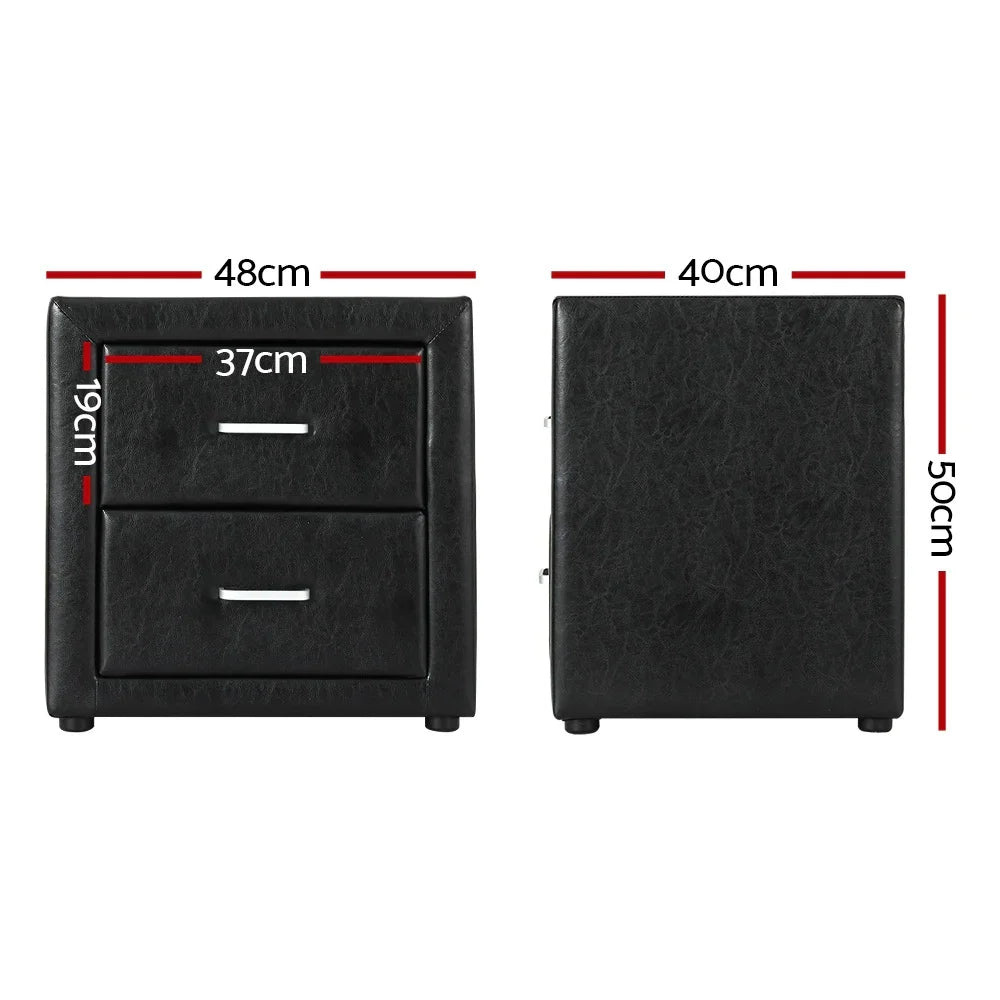 Black faux leather bedside table with two drawers, dimensions labeled 48x40x50 cm
